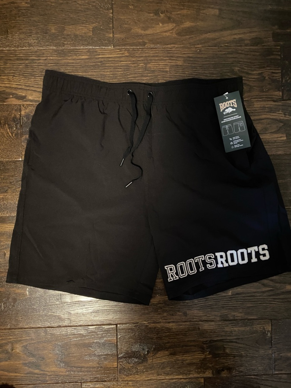 Roots Men’s Black Athletic Shorts with White Logo Size L